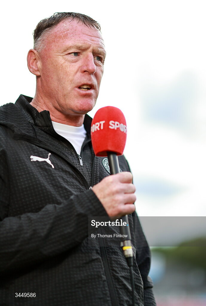 8 May 2026; Waterford manager Graham Coughlan is interviewed for Virgin Media Sport before the SSE Airtricity Men’s Premier Division match between St Patrick's Athletic and Waterford at Richmond Park in Dublin. Photo by Thomas Flinkow/Sportsfile