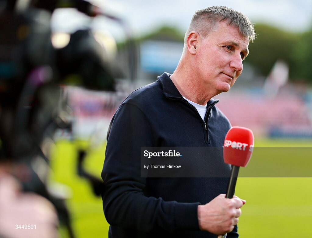 8 May 2026; St Patrick's Athletic manager Stephen Kenny s interviewed for Virgin Media Sport before the SSE Airtricity Men’s Premier Division match between St Patrick's Athletic and Waterford at Richmond Park in Dublin. Photo by Thomas Flinkow/Sportsfile