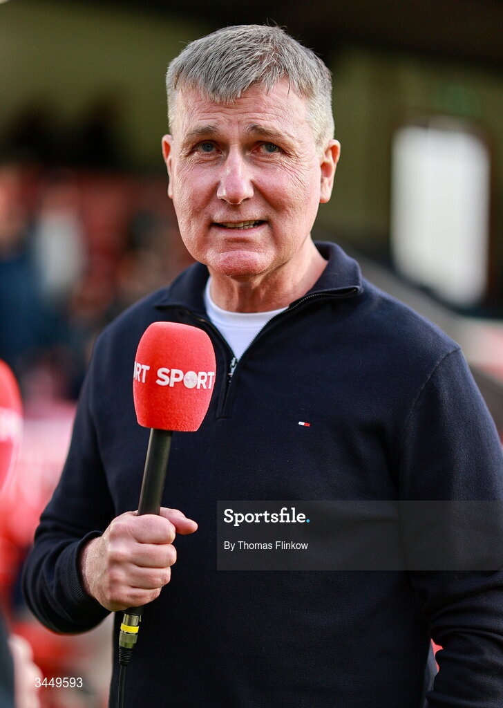 8 May 2026; St Patrick's Athletic manager Stephen Kenny s interviewed for Virgin Media Sport before the SSE Airtricity Men’s Premier Division match between St Patrick's Athletic and Waterford at Richmond Park in Dublin. Photo by Thomas Flinkow/Sportsfile