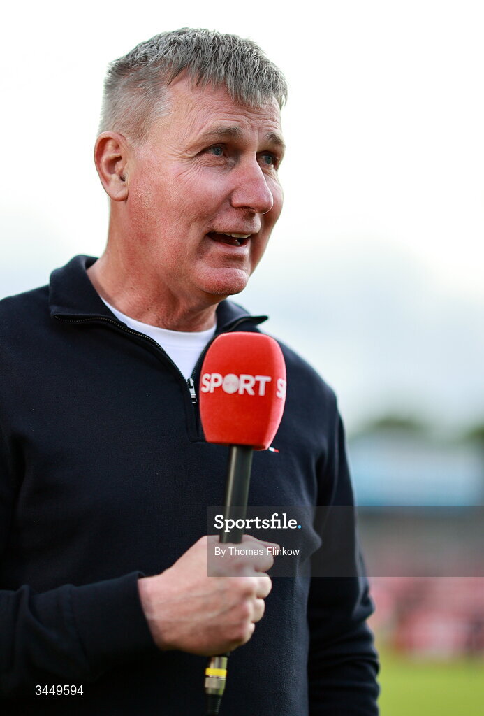8 May 2026; St Patrick's Athletic manager Stephen Kenny s interviewed for Virgin Media Sport before the SSE Airtricity Men’s Premier Division match between St Patrick's Athletic and Waterford at Richmond Park in Dublin. Photo by Thomas Flinkow/Sportsfile