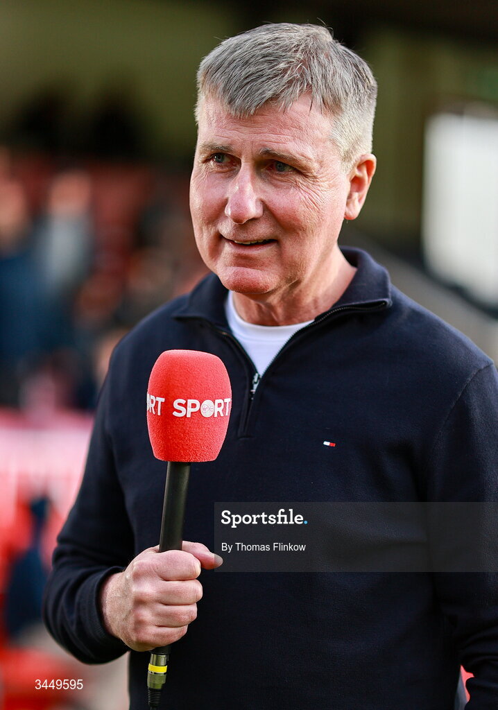 8 May 2026; St Patrick's Athletic manager Stephen Kenny s interviewed for Virgin Media Sport before the SSE Airtricity Men’s Premier Division match between St Patrick's Athletic and Waterford at Richmond Park in Dublin. Photo by Thomas Flinkow/Sportsfile