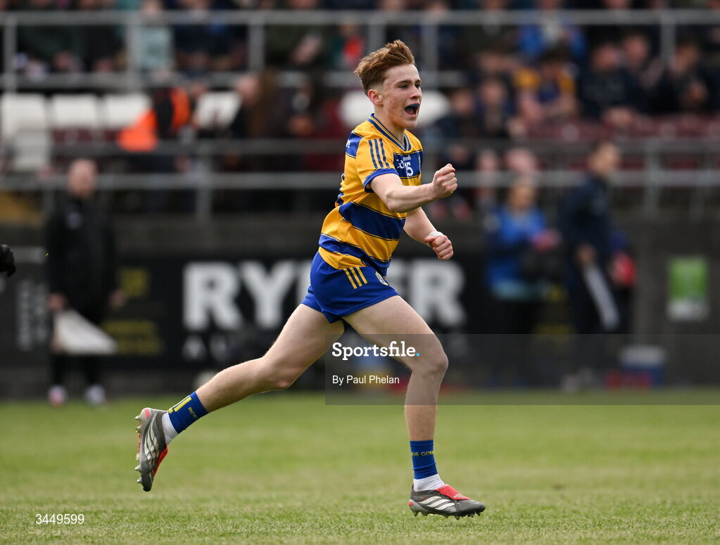 8 May 2026; Joshua Coyne of Roscommon celebrates after scoring his side's second goal during the Electric Ireland Connacht GAA Minor Football Championship final match between Galway and Roscommon at Tuam Stadium in Galway. Photo by Paul Phelan/Sportsfile