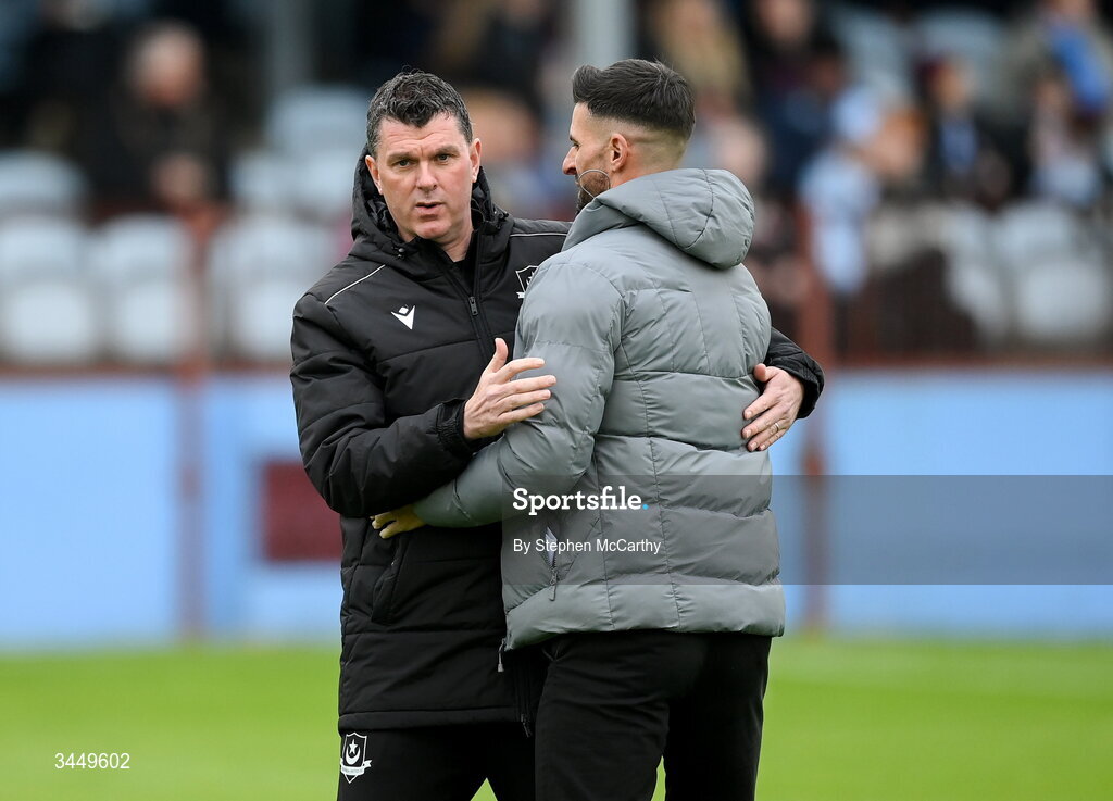 8 May 2026; Drogheda United manager Kevin Doherty and former Drogheda United player Adam Foley before the SSE Airtricity Men’s Premier Division match between Drogheda United and Derry City at Sullivan & Lambe Park in Drogheda, Louth. Photo by Stephen McCarthy/Sportsfile