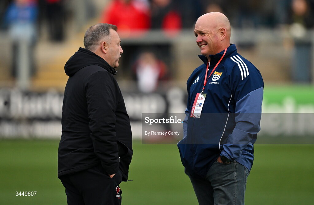 8 May 2026; Ulster head coach Richie Murphy, left, and DHL Stormers Director of Rugby John Dobson before the United Rugby Championship match between Ulster and DHL Stormers at Affidea Stadium in Belfast. Photo by Ramsey Cardy/Sportsfile