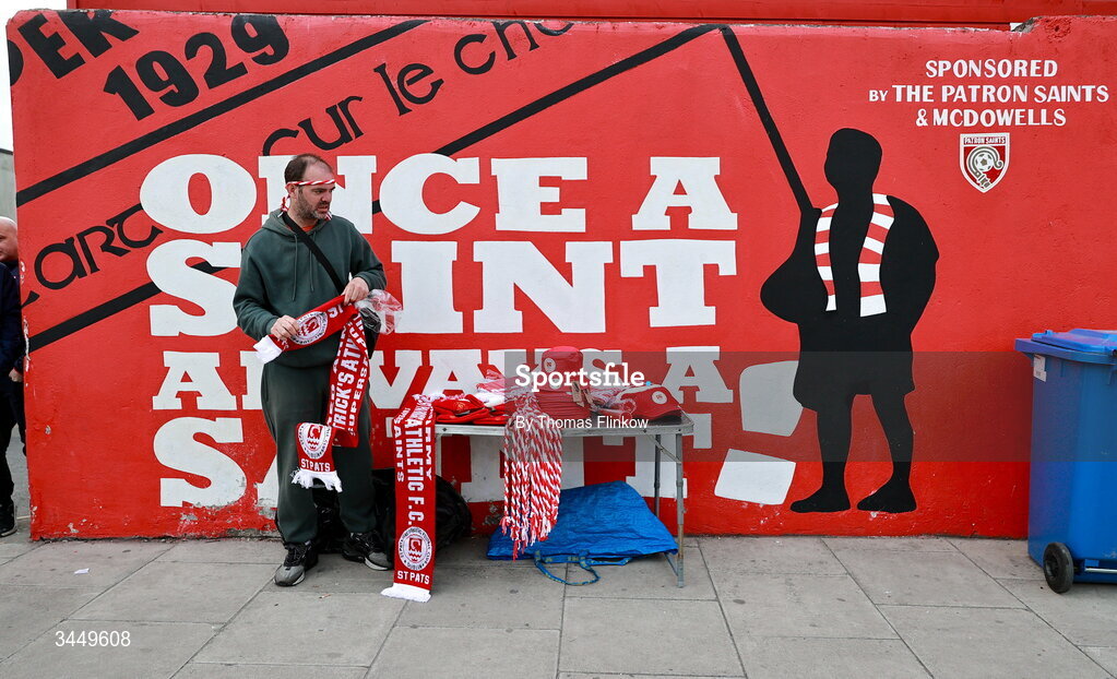 8 May 2026; Merchandise outside the grounds before the SSE Airtricity Men’s Premier Division match between St Patrick's Athletic and Waterford at Richmond Park in Dublin. Photo by Thomas Flinkow/Sportsfile