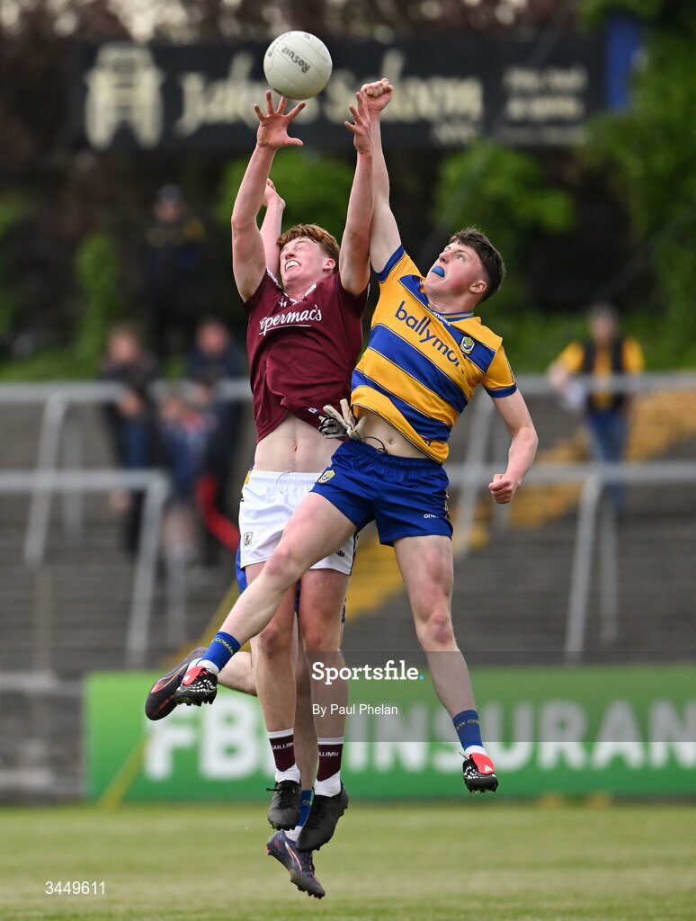 8 May 2026; Darragh Kelly of Galway in action against Jack Lally of Roscommon during the Electric Ireland Connacht GAA Minor Football Championship final match between Galway and Roscommon at Tuam Stadium in Galway. Photo by Paul Phelan/Sportsfile