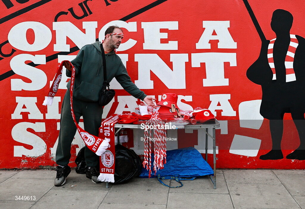 8 May 2026; A merchandise seller is seen outside the grounds before the SSE Airtricity Men’s Premier Division match between St Patrick's Athletic and Waterford at Richmond Park in Dublin. Photo by Thomas Flinkow/Sportsfile