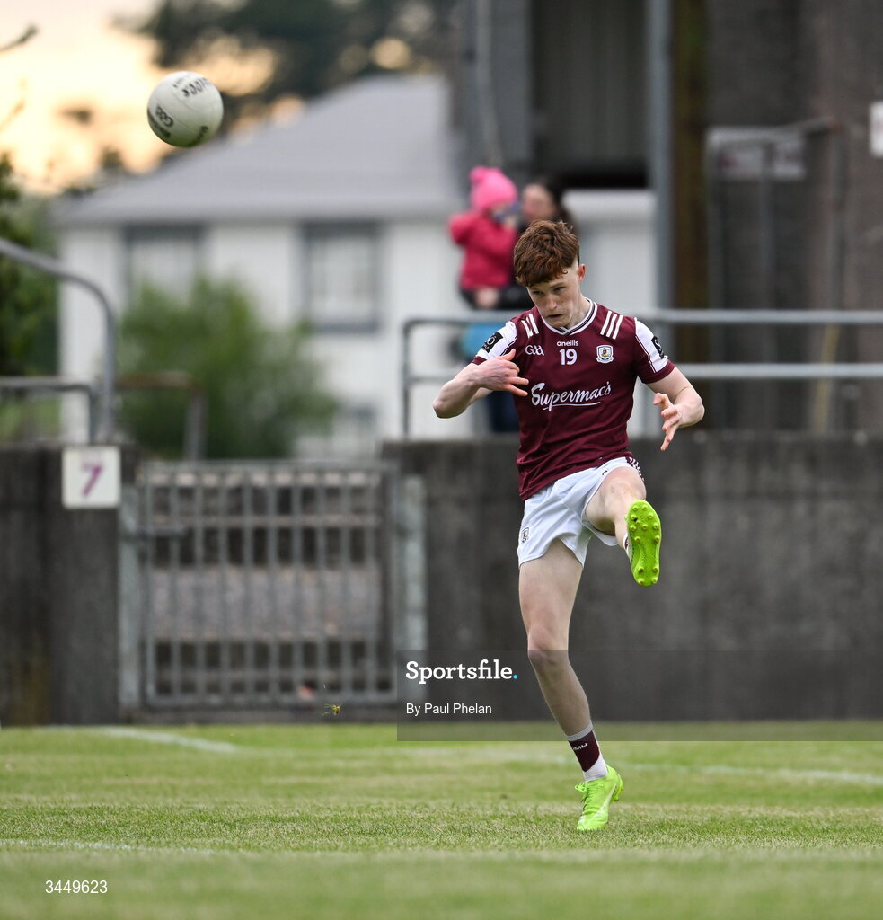 8 May 2026; Aaron Hanrahan of Galway scores a free during the Electric Ireland Connacht GAA Minor Football Championship final match between Galway and Roscommon at Tuam Stadium in Galway. Photo by Paul Phelan/Sportsfile