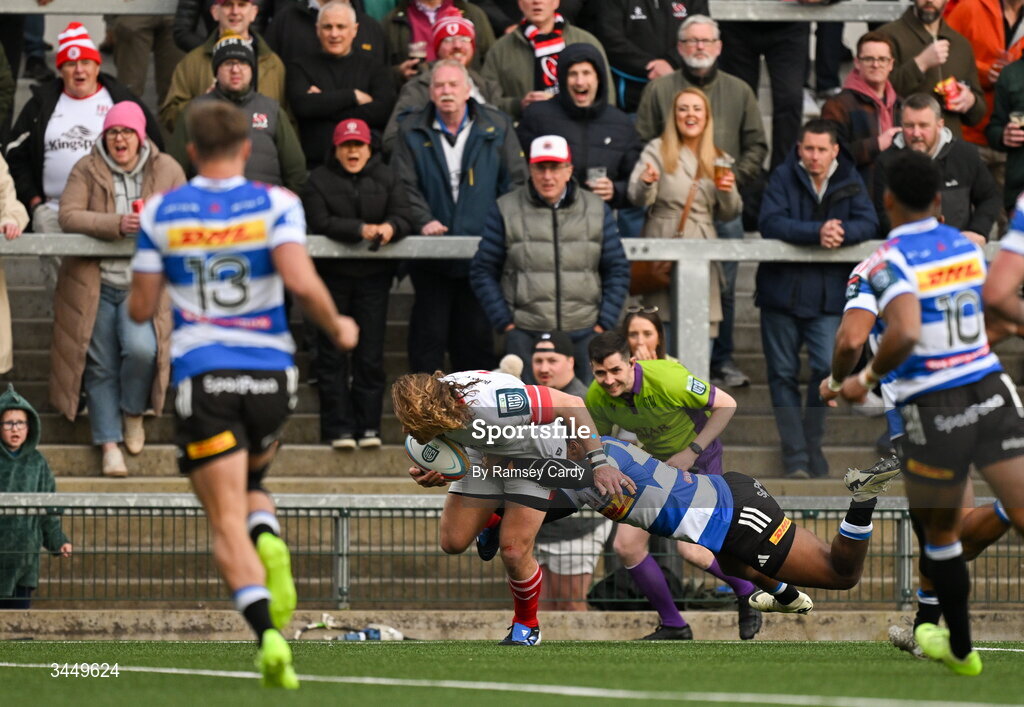 8 May 2026; Werner Kok of Ulster on his way to scoring his side's first try during the United Rugby Championship match between Ulster and DHL Stormers at Affidea Stadium in Belfast. Photo by Ramsey Cardy/Sportsfile