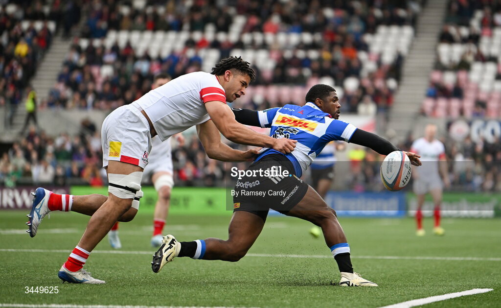 8 May 2026; Warrick Gelant of DHL Stormers is tackled by Cormac Izuchukwu of Ulster during the United Rugby Championship match between Ulster and DHL Stormers at Affidea Stadium in Belfast. Photo by Ramsey Cardy/Sportsfile