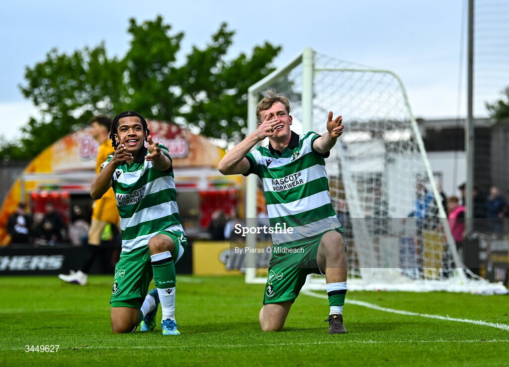 8 May 2026; Michael Noonan of Shamrock Rovers, right, celebrates with team-mate Victor Ozhianvuna after scoring their side's first goal during the SSE Airtricity Men’s Premier Division match between Galway United and Shamrock Rovers at Eamonn Deacy Park in Galway. Photo by Piaras Ó Mídheach/Sportsfile