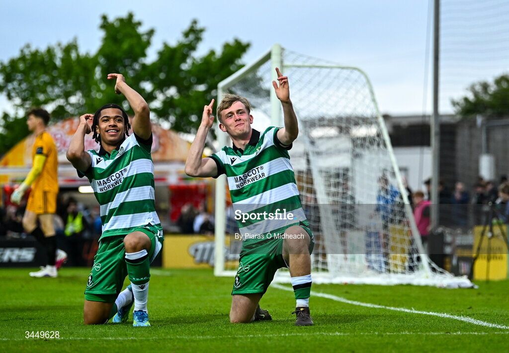8 May 2026; Michael Noonan of Shamrock Rovers, right, celebrates with team-mate Victor Ozhianvuna after scoring their side's first goal during the SSE Airtricity Men’s Premier Division match between Galway United and Shamrock Rovers at Eamonn Deacy Park in Galway. Photo by Piaras Ó Mídheach/Sportsfile