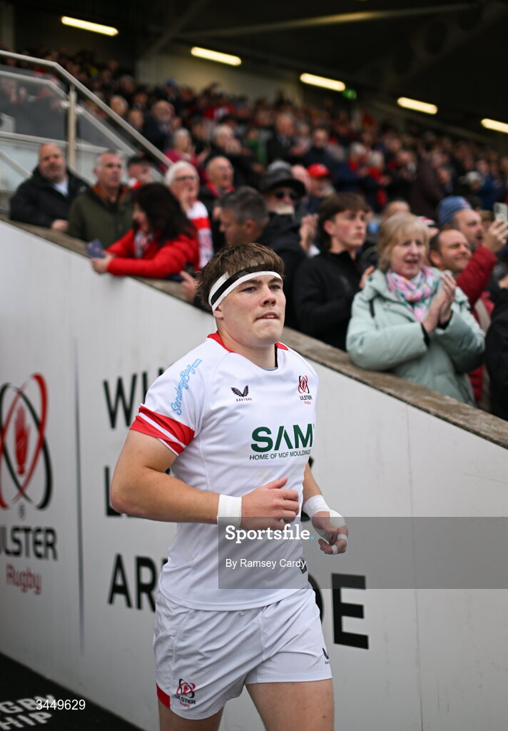 8 May 2026; Jude Postlethwaite of Ulster runs out before the United Rugby Championship match between Ulster and DHL Stormers at Affidea Stadium in Belfast. Photo by Ramsey Cardy/Sportsfile