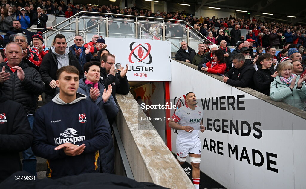 8 May 2026; Juarno Augustus of Ulster runs out before the United Rugby Championship match between Ulster and DHL Stormers at Affidea Stadium in Belfast. Photo by Ramsey Cardy/Sportsfile
