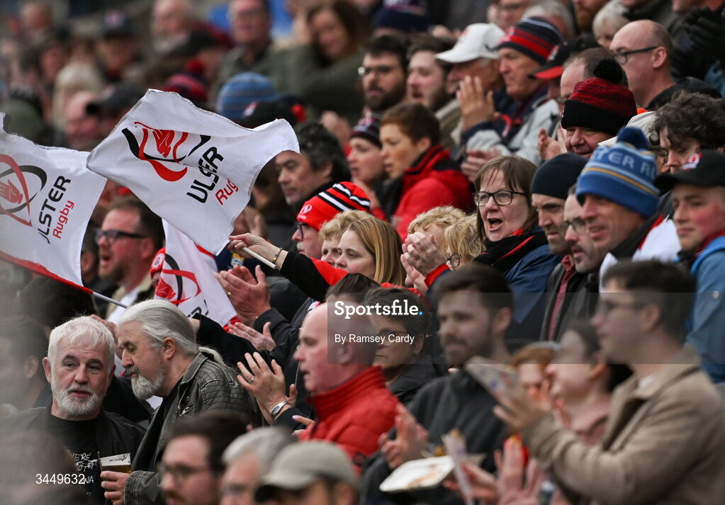 8 May 2026; Ulster supporters during the United Rugby Championship match between Ulster and DHL Stormers at Affidea Stadium in Belfast. Photo by Ramsey Cardy/Sportsfile