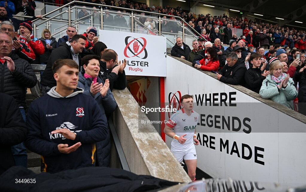 8 May 2026; Jack Murphy of Ulster runs out before the United Rugby Championship match between Ulster and DHL Stormers at Affidea Stadium in Belfast. Photo by Ramsey Cardy/Sportsfile