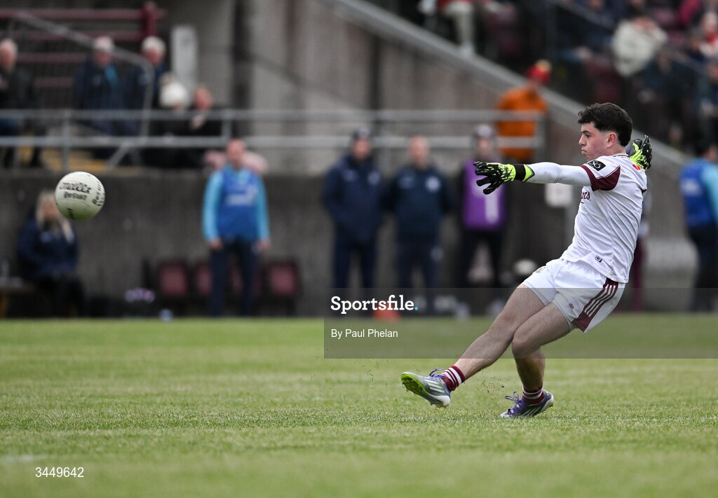 8 May 2026; Galway goalkeeper Evan Burke scores a two pointer free during the Electric Ireland Connacht GAA Minor Football Championship final match between Galway and Roscommon at Tuam Stadium in Galway. Photo by Paul Phelan/Sportsfile