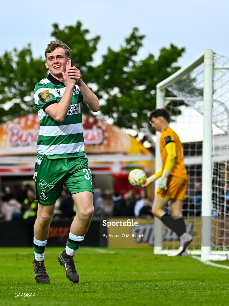 8 May 2026; Michael Noonan of Shamrock Rovers celebrates after scoring their side's first goal during the SSE Airtricity Men’s Premier Division match between Galway United and Shamrock Rovers at Eamonn Deacy Park in Galway. Photo by Piaras Ó Mídheach/Sportsfile