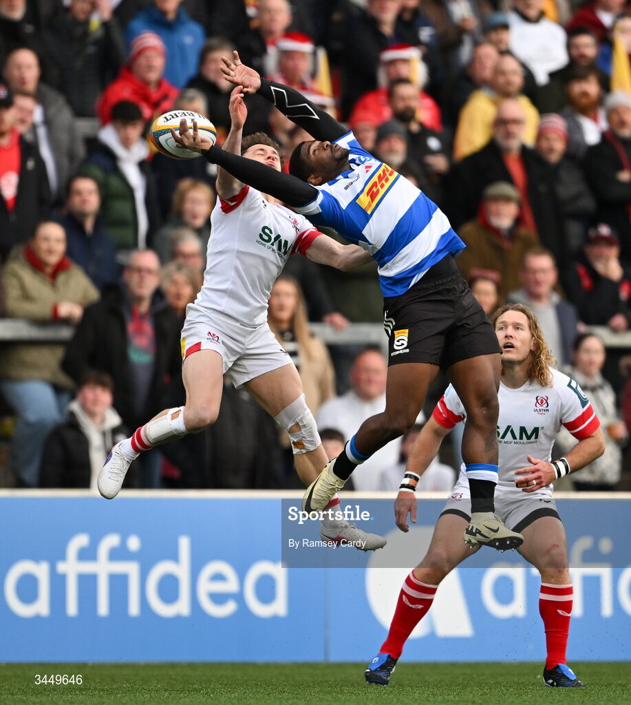 8 May 2026; Michael Lowry of Ulster in action against Leolin Zas of DHL Stormers during the United Rugby Championship match between Ulster and DHL Stormers at Affidea Stadium in Belfast. Photo by Ramsey Cardy/Sportsfile