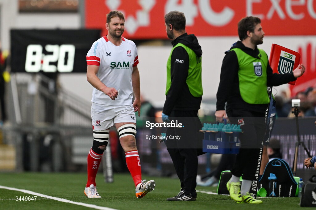 8 May 2026; Ulster captain Iain Henderson reacts after being shown a yellow card, which was subsequently upgraded to a red, during the United Rugby Championship match between Ulster and DHL Stormers at Affidea Stadium in Belfast. Photo by Ramsey Cardy/Sportsfile