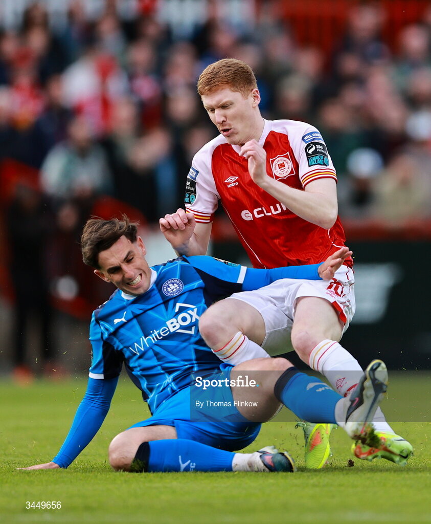 8 May 2026; Darragh Nugent of St Patrick's Athletic is tackled by Dean McMenamy of Waterford during the SSE Airtricity Men’s Premier Division match between St Patrick's Athletic and Waterford at Richmond Park in Dublin. Photo by Thomas Flinkow/Sportsfile
