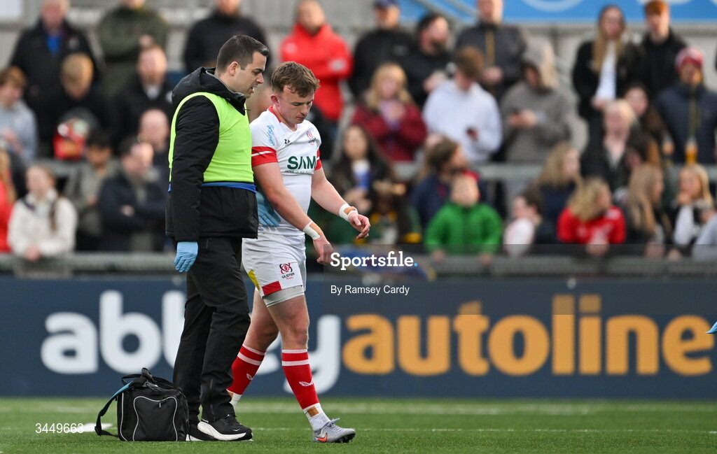 8 May 2026; Jack Murphy of Ulster leaves the pitch during the United Rugby Championship match between Ulster and DHL Stormers at Affidea Stadium in Belfast. Photo by Ramsey Cardy/Sportsfile