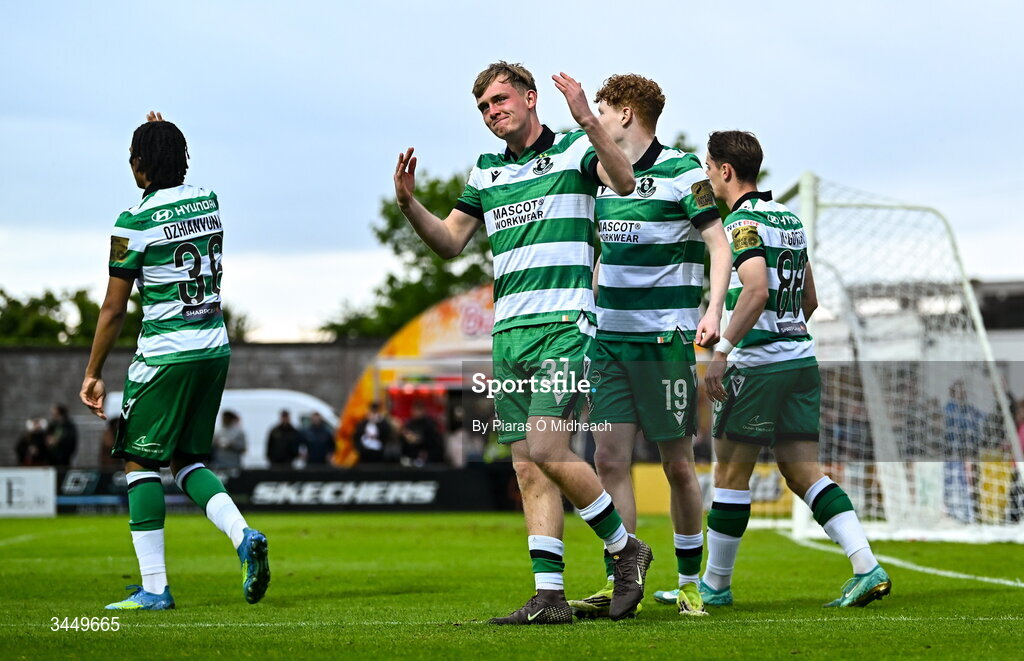 8 May 2026; Michael Noonan of Shamrock Rovers, 31, celebrates with team-mates after scoring their side's first goal during the SSE Airtricity Men’s Premier Division match between Galway United and Shamrock Rovers at Eamonn Deacy Park in Galway. Photo by Piaras Ó Mídheach/Sportsfile