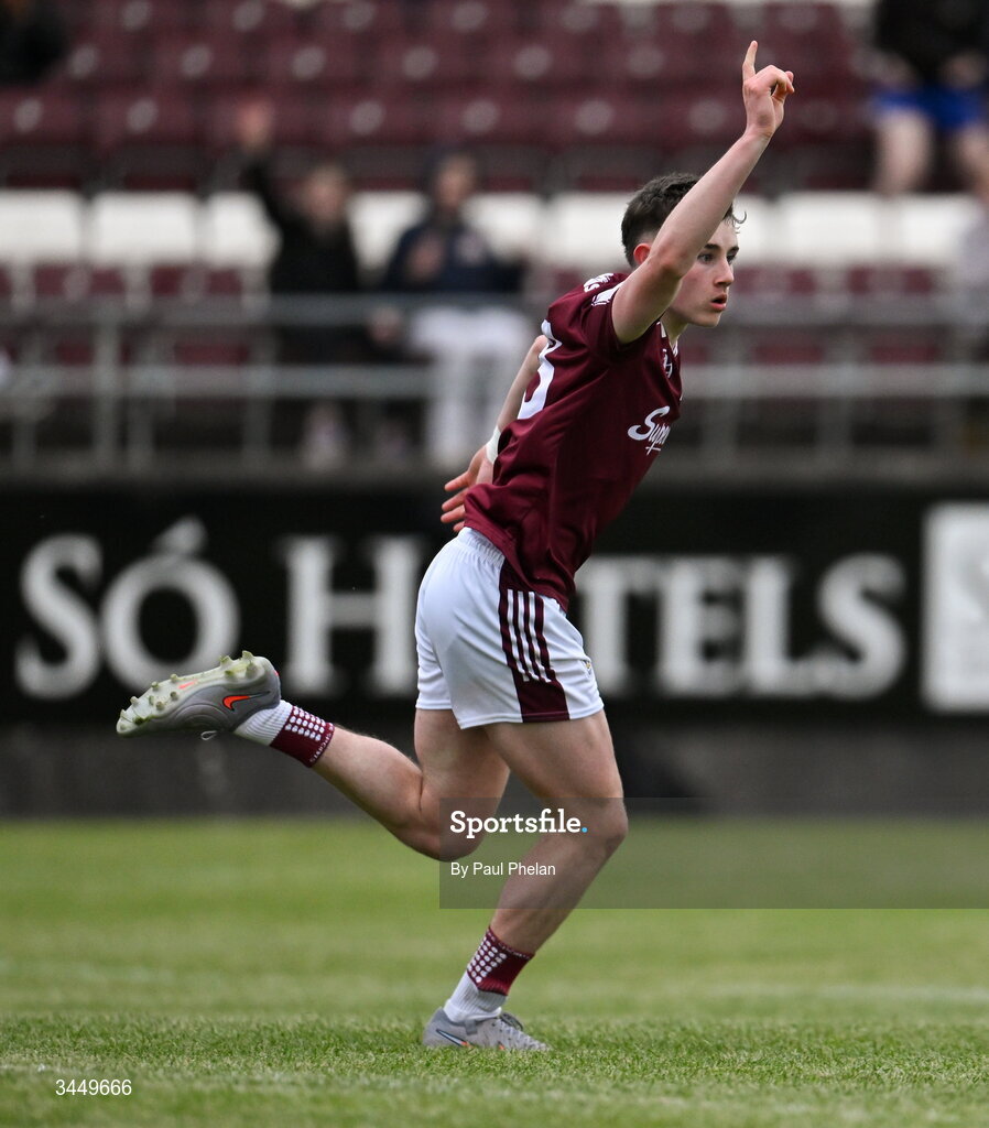 8 May 2026; Adam Healy of Galway celebrates after scoring his side's first goal during the Electric Ireland Connacht GAA Minor Football Championship final match between Galway and Roscommon at Tuam Stadium in Galway. Photo by Paul Phelan/Sportsfile