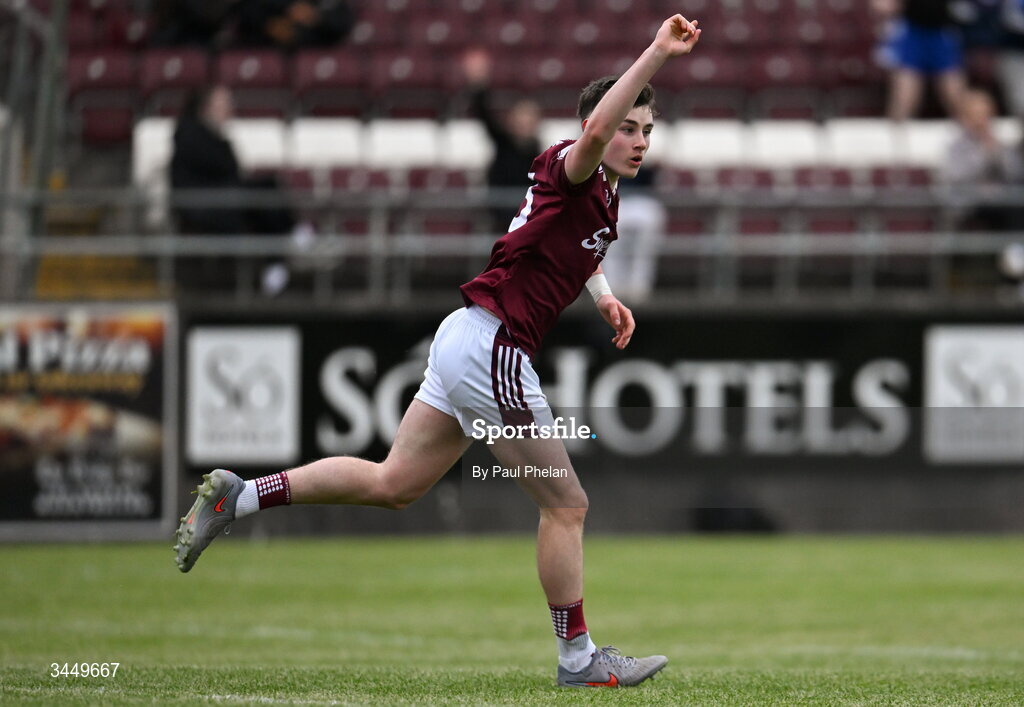 8 May 2026; Adam Healy of Galway celebrates after scoring his side's first goal during the Electric Ireland Connacht GAA Minor Football Championship final match between Galway and Roscommon at Tuam Stadium in Galway. Photo by Paul Phelan/Sportsfile
