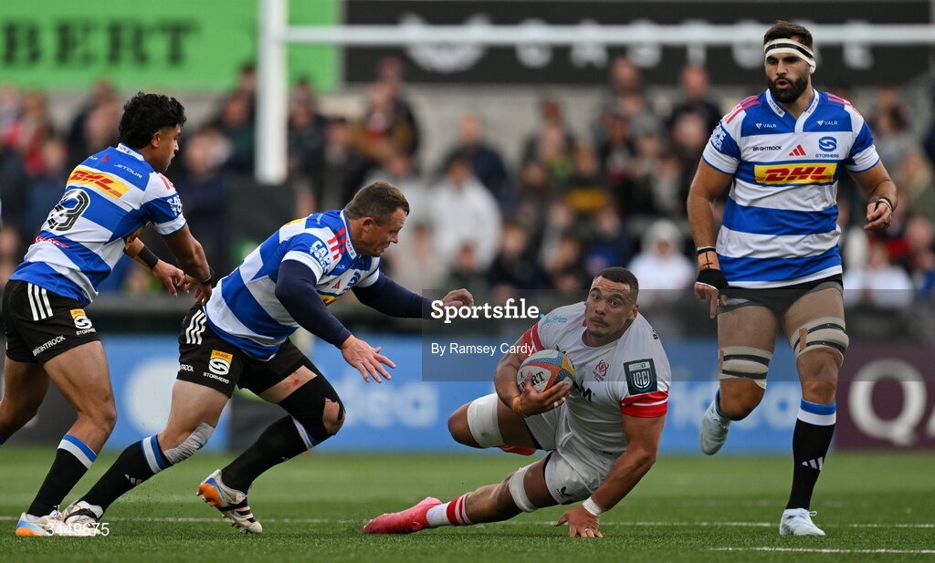 8 May 2026; Juarno Augustus of Ulster is tackled by Deon Fourie of DHL Stormers during the United Rugby Championship match between Ulster and DHL Stormers at Affidea Stadium in Belfast. Photo by Ramsey Cardy/Sportsfile