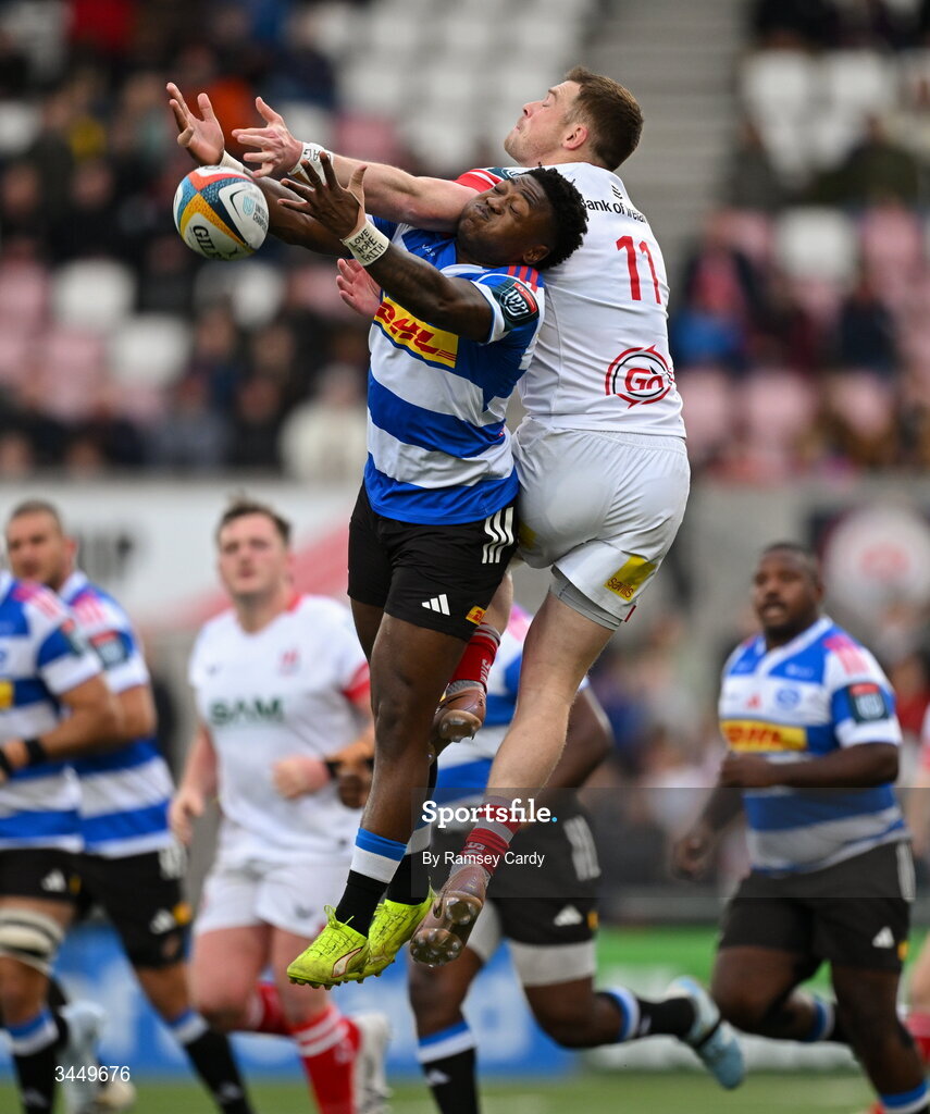 8 May 2026; Zac Ward of Ulster and Wandisile Simelane of DHL Stormers during the United Rugby Championship match between Ulster and DHL Stormers at Affidea Stadium in Belfast. Photo by Ramsey Cardy/Sportsfile
