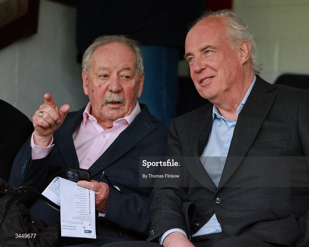 8 May 2026; St Patrick's Athletic chairman Garrett Kelleher, right, before the SSE Airtricity Men’s Premier Division match between St Patrick's Athletic and Waterford at Richmond Park in Dublin. Photo by Thomas Flinkow/Sportsfile