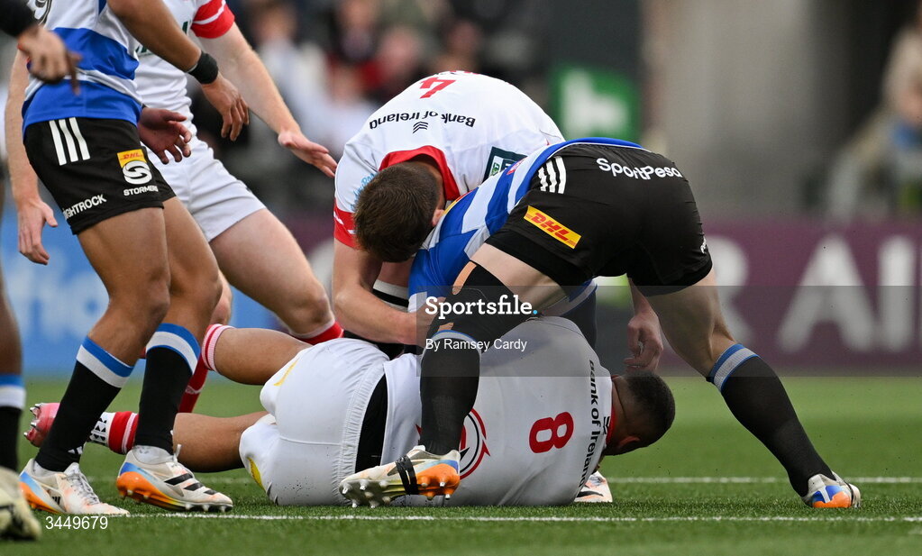 8 May 2026; Iain Henderson of Ulster tackles Deon Fourie of DHL Stormers, for Iain Henderson was shown a red card, during the United Rugby Championship match between Ulster and DHL Stormers at Affidea Stadium in Belfast. Photo by Ramsey Cardy/Sportsfile