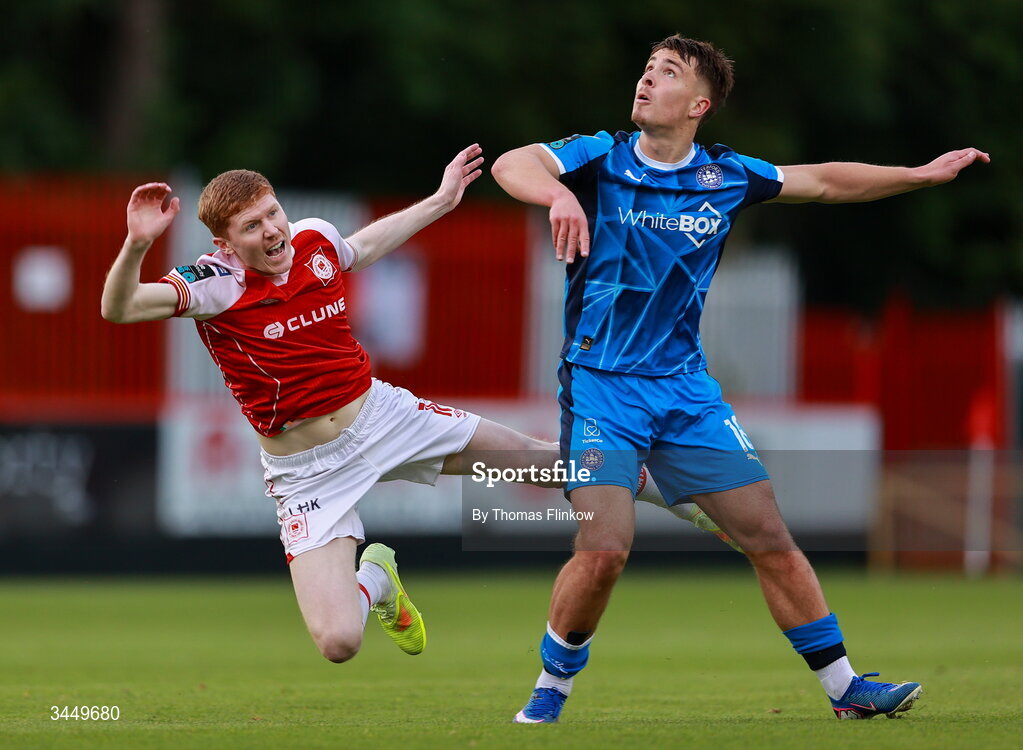 8 May 2026; Darragh Nugent of St Patrick's Athletic in action against Tommy Lonergan of Waterford during the SSE Airtricity Men’s Premier Division match between St Patrick's Athletic and Waterford at Richmond Park in Dublin. Photo by Thomas Flinkow/Sportsfile