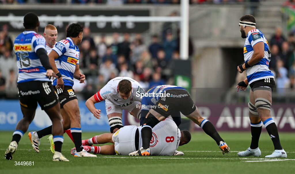 8 May 2026; Iain Henderson of Ulster tackles Deon Fourie of DHL Stormers, for Iain Henderson was shown a red card, during the United Rugby Championship match between Ulster and DHL Stormers at Affidea Stadium in Belfast. Photo by Ramsey Cardy/Sportsfile