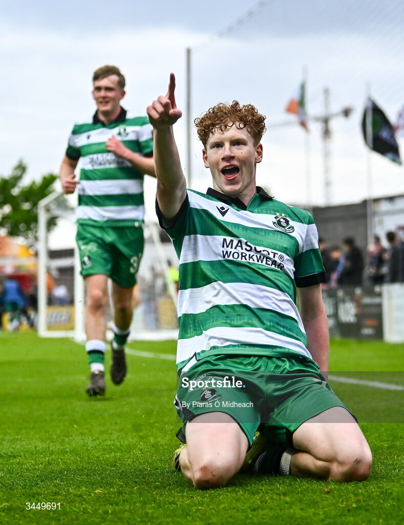8 May 2026; Adam Brennan of Shamrock Rovers celebrates scoring his side's second goal during the SSE Airtricity Men’s Premier Division match between Galway United and Shamrock Rovers at Eamonn Deacy Park in Galway. Photo by Piaras Ó Mídheach/Sportsfile