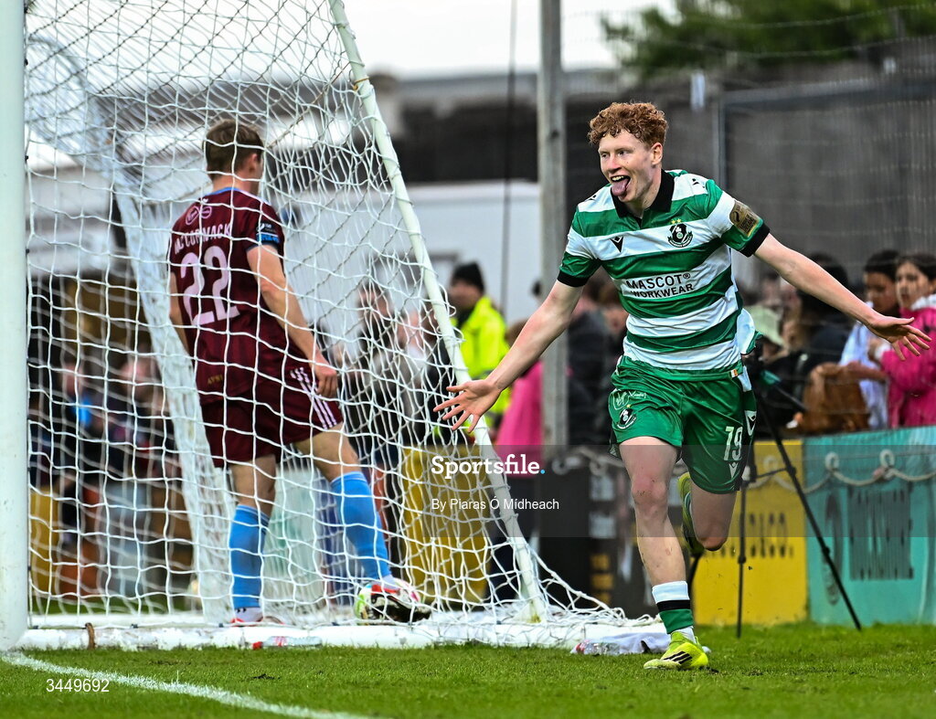 8 May 2026; Adam Brennan of Shamrock Rovers celebrates scoring his side's second goal during the SSE Airtricity Men’s Premier Division match between Galway United and Shamrock Rovers at Eamonn Deacy Park in Galway. Photo by Piaras Ó Mídheach/Sportsfile