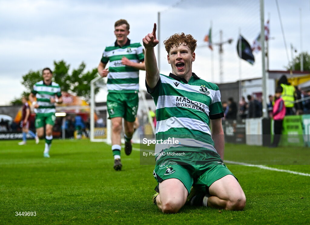 8 May 2026; Adam Brennan of Shamrock Rovers celebrates scoring his side's second goal during the SSE Airtricity Men’s Premier Division match between Galway United and Shamrock Rovers at Eamonn Deacy Park in Galway. Photo by Piaras Ó Mídheach/Sportsfile