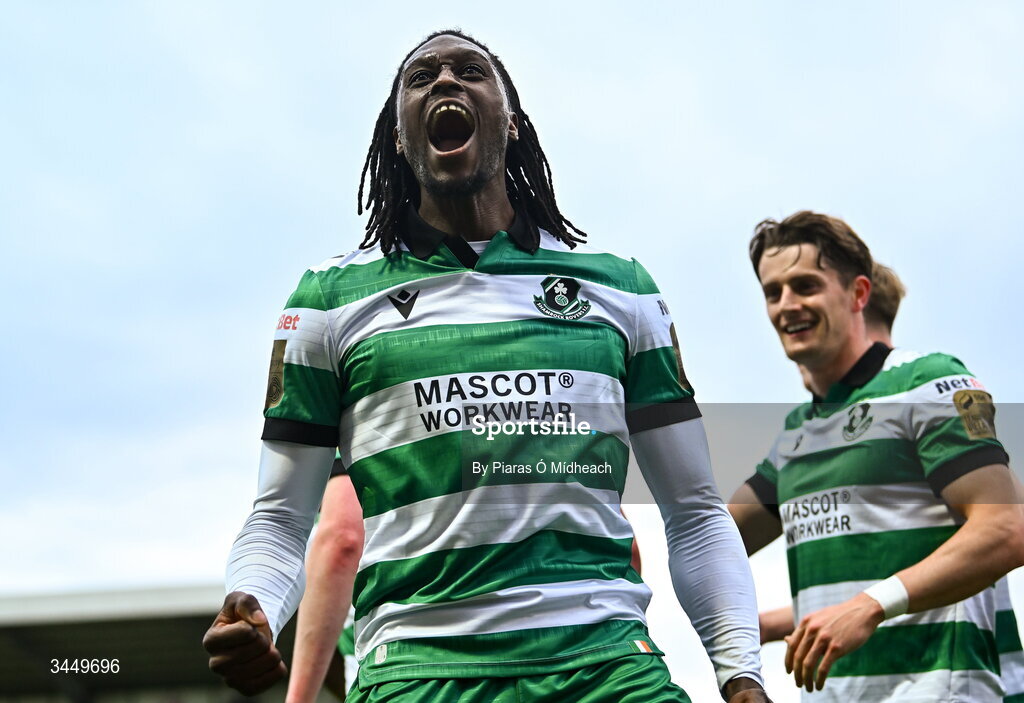 8 May 2026; Tunmise Sobowale of Shamrock Rovers celebrates his side's second goal, scored by team-mate Adam Brennan, 19, during the SSE Airtricity Men’s Premier Division match between Galway United and Shamrock Rovers at Eamonn Deacy Park in Galway. Photo by Piaras Ó Mídheach/Sportsfile