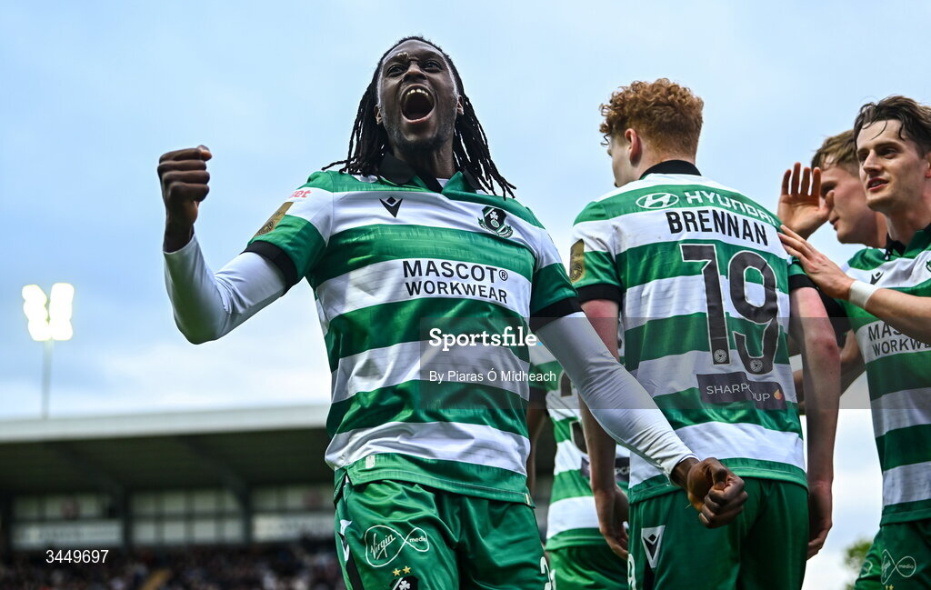 8 May 2026; Tunmise Sobowale of Shamrock Rovers celebrates his side's second goal, scored by team-mate Adam Brennan, 19, during the SSE Airtricity Men’s Premier Division match between Galway United and Shamrock Rovers at Eamonn Deacy Park in Galway. Photo by Piaras Ó Mídheach/Sportsfile