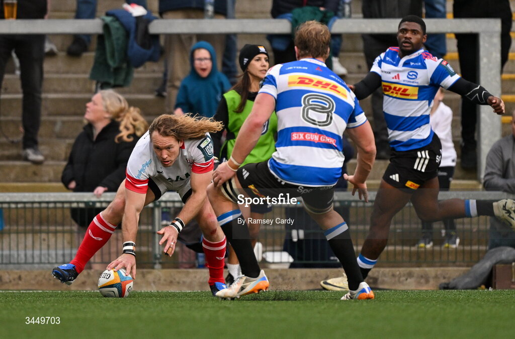 8 May 2026; Werner Kok of Ulster scores his side's second try during the United Rugby Championship match between Ulster and DHL Stormers at Affidea Stadium in Belfast. Photo by Ramsey Cardy/Sportsfile