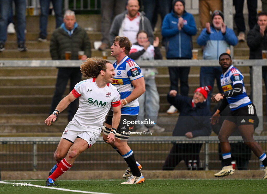 8 May 2026; Werner Kok of Ulster celebrates after scoring his side's second try during the United Rugby Championship match between Ulster and DHL Stormers at Affidea Stadium in Belfast. Photo by Ramsey Cardy/Sportsfile