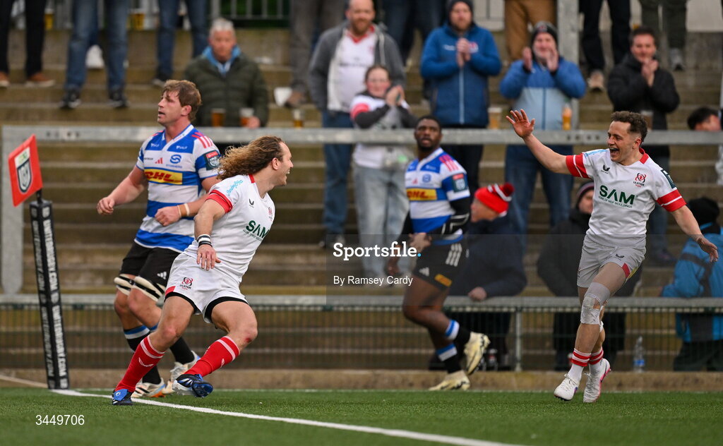 8 May 2026; Werner Kok of Ulster celebrates with Michael Lowry, right, after scoring their side's second try during the United Rugby Championship match between Ulster and DHL Stormers at Affidea Stadium in Belfast. Photo by Ramsey Cardy/Sportsfile