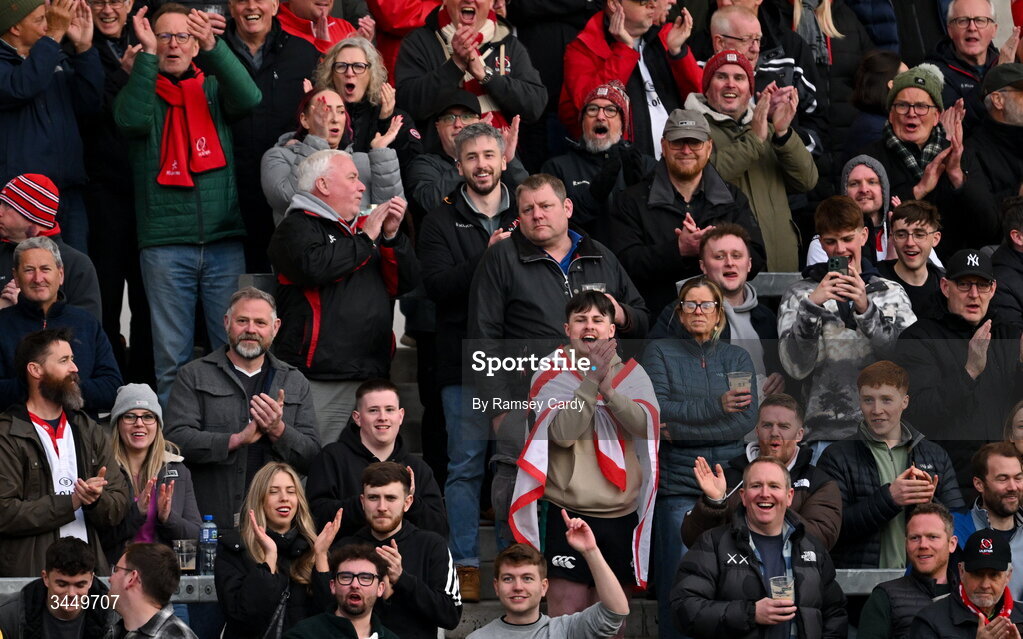 8 May 2026; Ulster supporters react to a Nathan Doak of Ulster conversion during the United Rugby Championship match between Ulster and DHL Stormers at Affidea Stadium in Belfast. Photo by Ramsey Cardy/Sportsfile