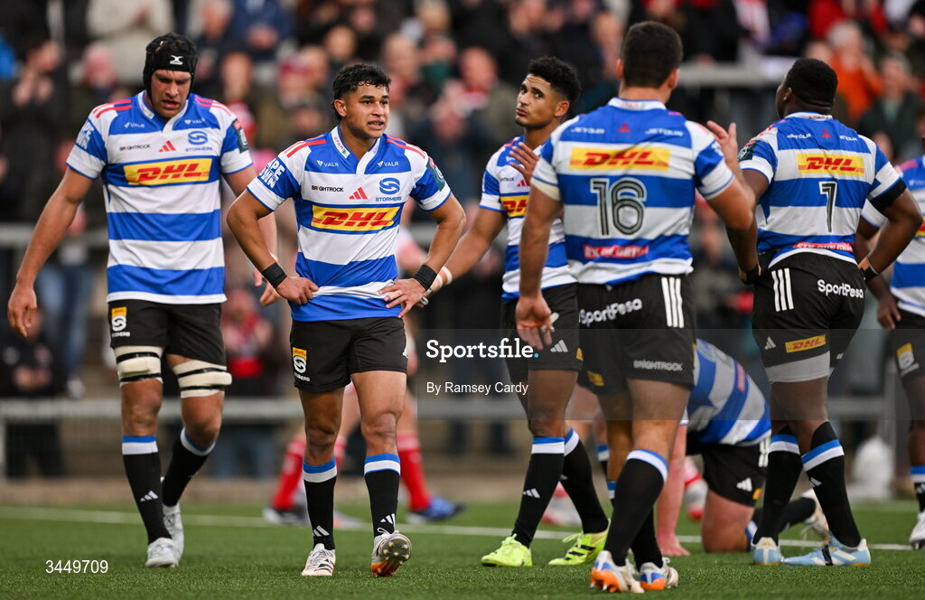 8 May 2026; DHL Stormers players after their side conceded a second try during the United Rugby Championship match between Ulster and DHL Stormers at Affidea Stadium in Belfast. Photo by Ramsey Cardy/Sportsfile