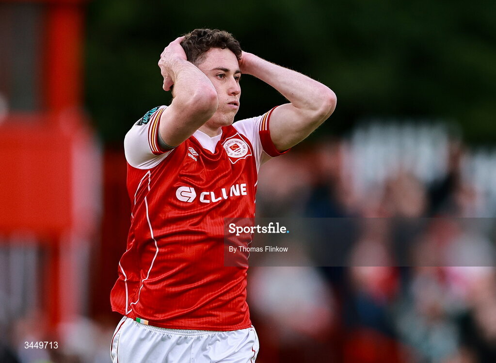 8 May 2026; Kian Leavy of St Patrick's Athletic reacts during the SSE Airtricity Men’s Premier Division match between St Patrick's Athletic and Waterford at Richmond Park in Dublin. Photo by Thomas Flinkow/Sportsfile