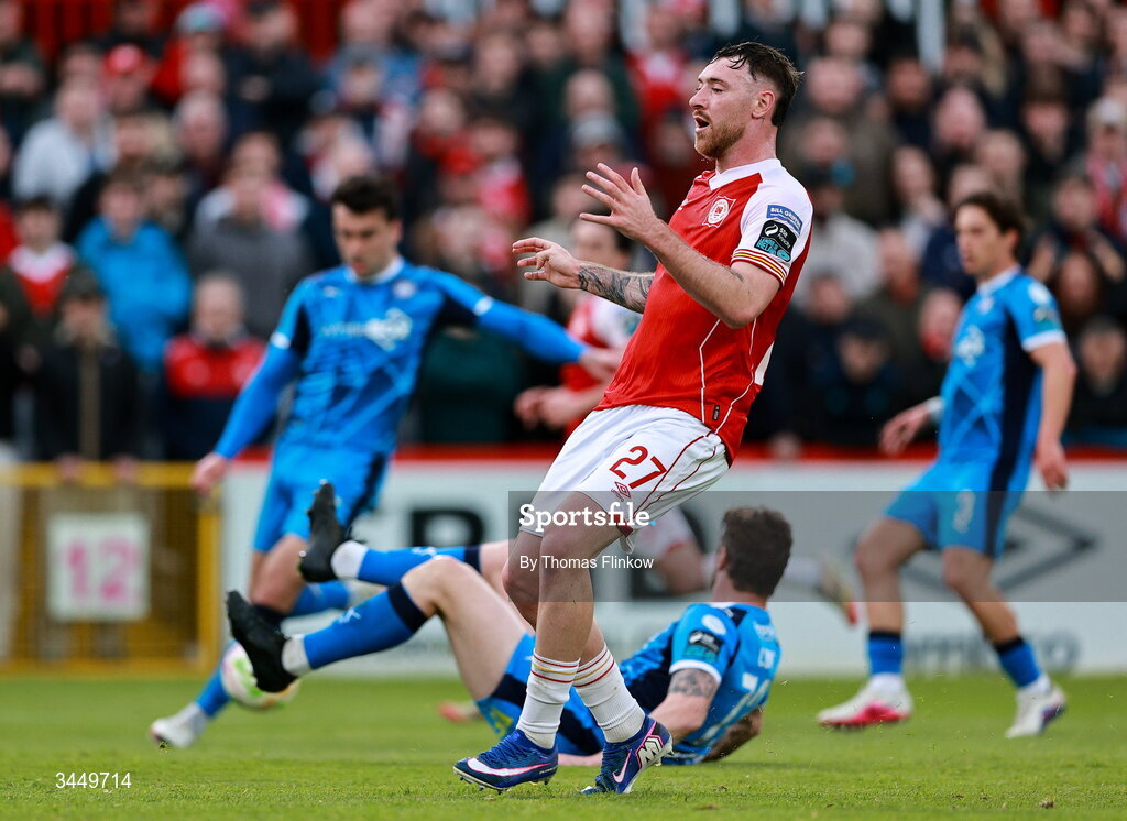 8 May 2026; Ryan Edmondson of St Patrick's Athletic reacts to a missed opportunity on goal during the SSE Airtricity Men’s Premier Division match between St Patrick's Athletic and Waterford at Richmond Park in Dublin. Photo by Thomas Flinkow/Sportsfile