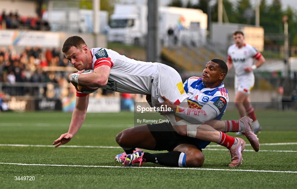 8 May 2026; Zac Ward of Ulster scores his side's third try despite the tackle of Damian Willemse of DHL Stormers during the United Rugby Championship match between Ulster and DHL Stormers at Affidea Stadium in Belfast. Photo by Ramsey Cardy/Sportsfile