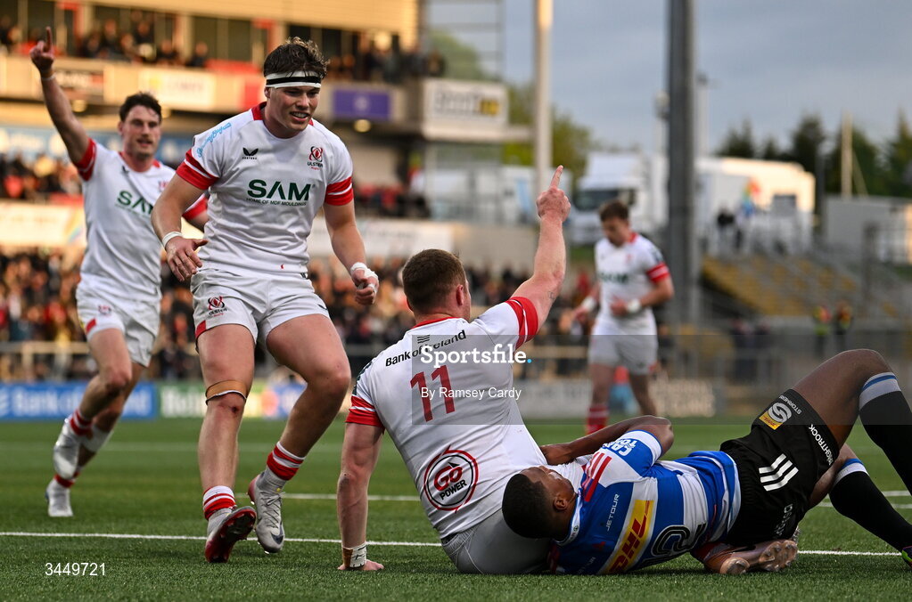 8 May 2026; Zac Ward of Ulster celebrates after scoring his side's third try during the United Rugby Championship match between Ulster and DHL Stormers at Affidea Stadium in Belfast. Photo by Ramsey Cardy/Sportsfile
