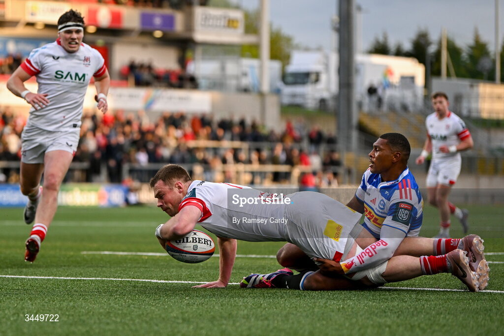 8 May 2026; Zac Ward of Ulster scores his side's third try despite the tackle of Damian Willemse of DHL Stormers during the United Rugby Championship match between Ulster and DHL Stormers at Affidea Stadium in Belfast. Photo by Ramsey Cardy/Sportsfile